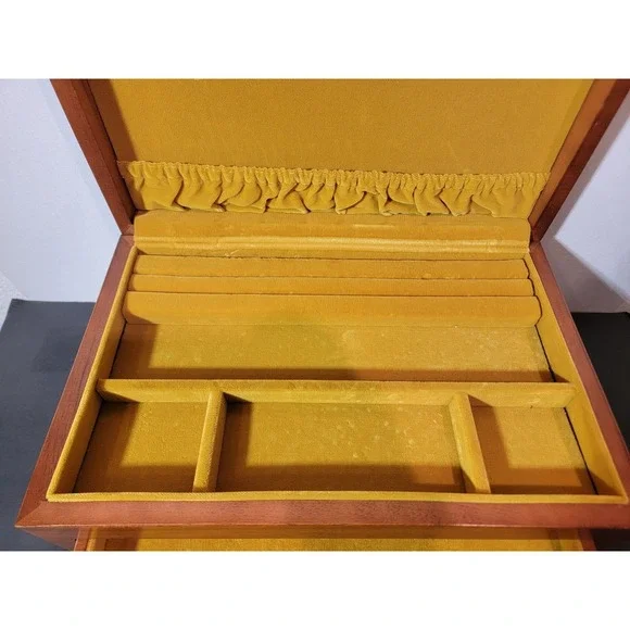 Vintage Wooden Jewelry Box Chest Organizer Yellow Felt Lined 2 Drawer Open Top - Picture 2 of 16